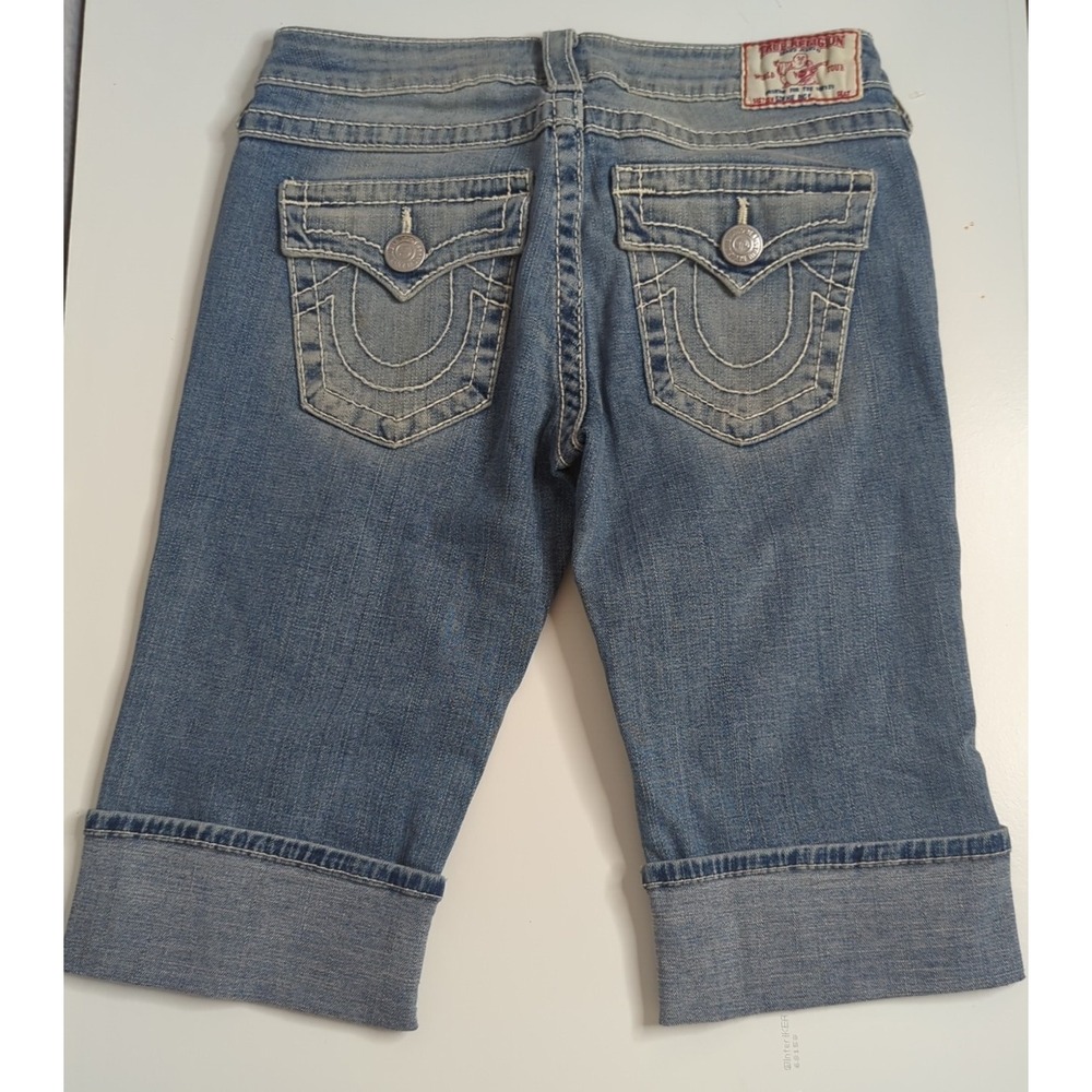 True Religion Sophie Womens Denim Capri Shorts Sz 29 Blue Bermuda Distressed USA